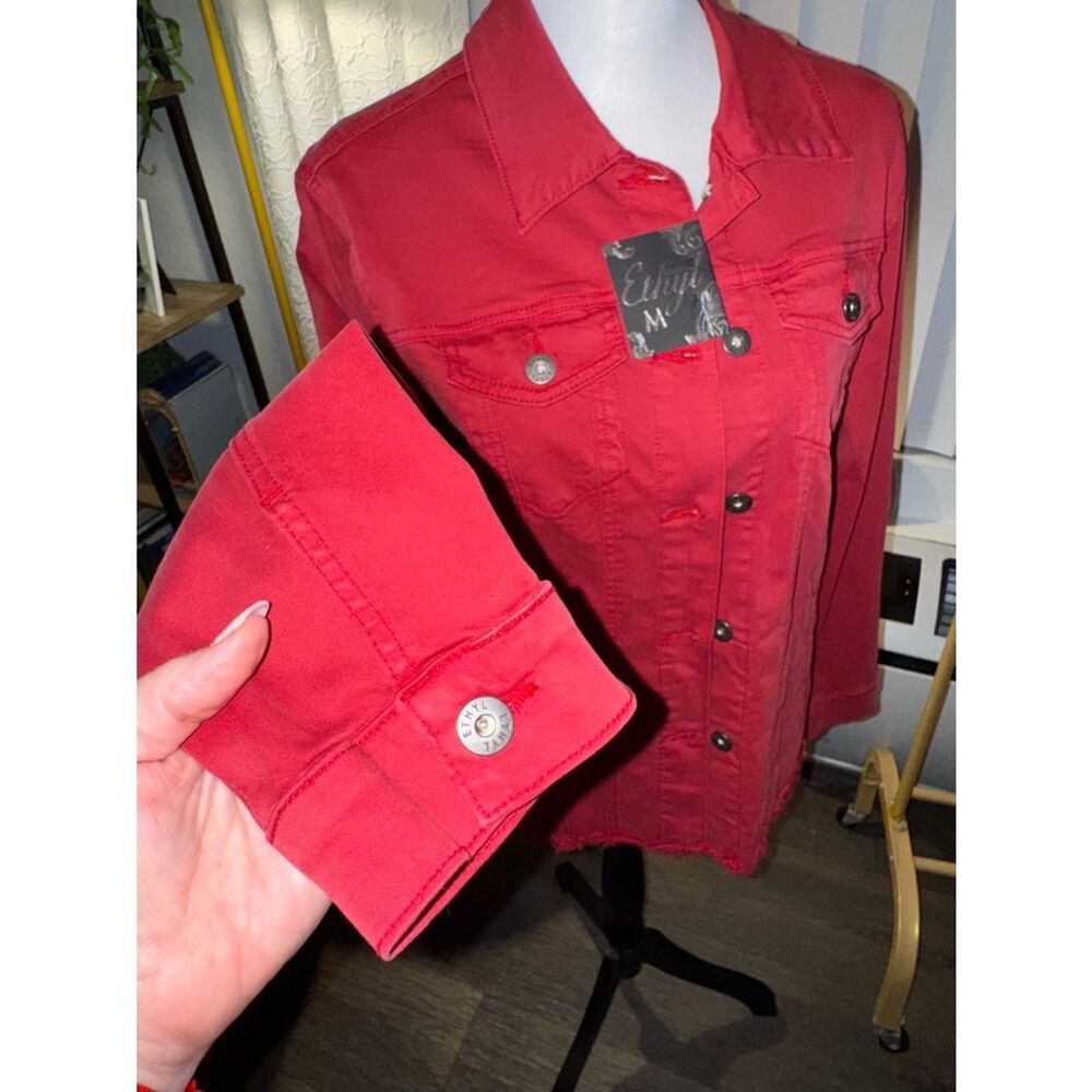 Red Button-Up Denim Jacket - Picture 9 of 13